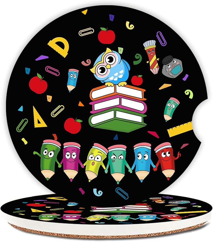 2 Pack Ceramic Cup Holders,Owl and Pencil Pattern Car Coasters Set for Women/Men,2.56" Cup Car Holder Coasters,with A Finger Notch,2.56" Ceramic Stone & Cork Base Drink Coasters.