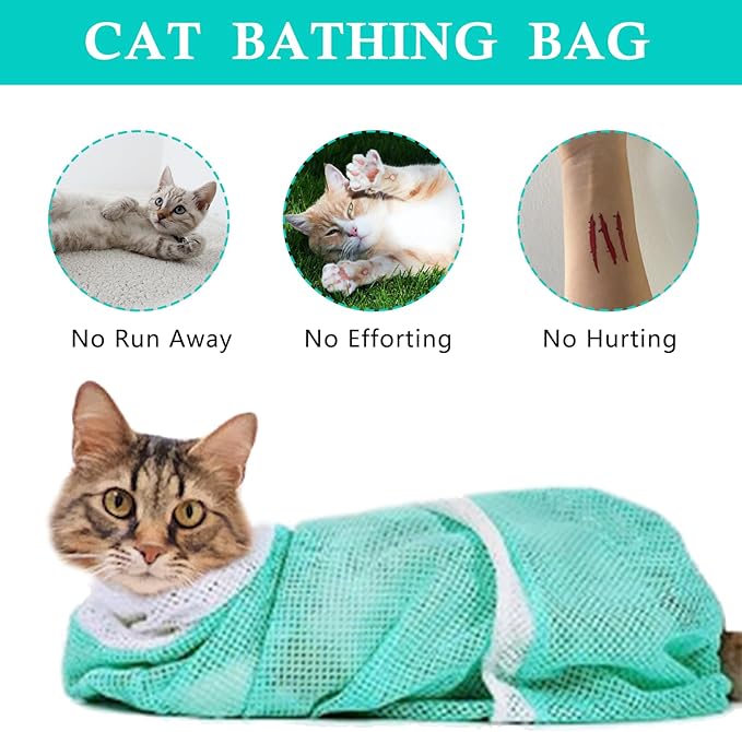 6 Pieces Cat Bathing/Grooming Bag, Adjustable Cat Shower Net Bag and Pet Nail Clippers, Nail File, Grooming Gloves, Tick Tool，Pet Dog and Cat Nail Trimming Check.