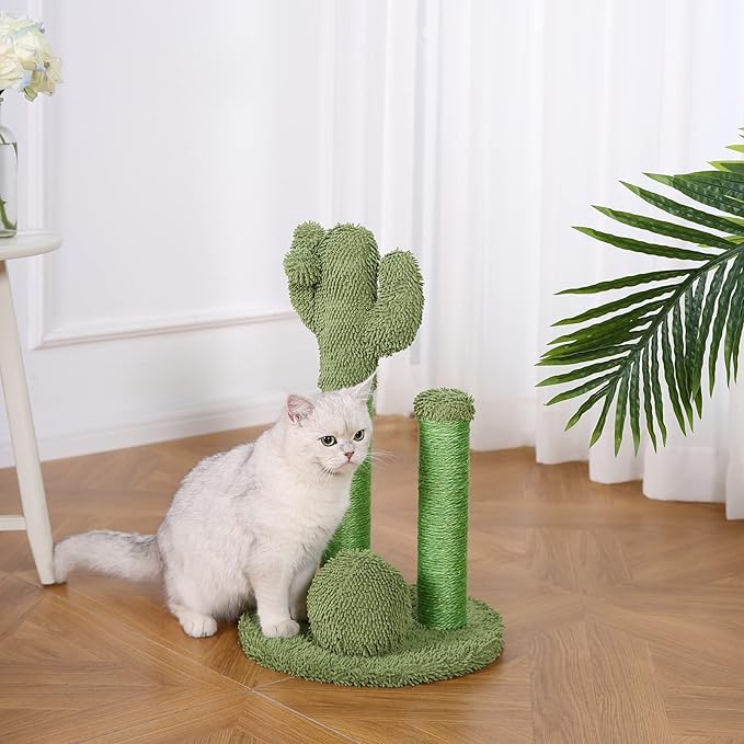 Amazon Basics Cactus Cat Scratching Post with Three Posts and Dangling Ball, Sisal and Carpet, Small, 22.44" Tall, Green