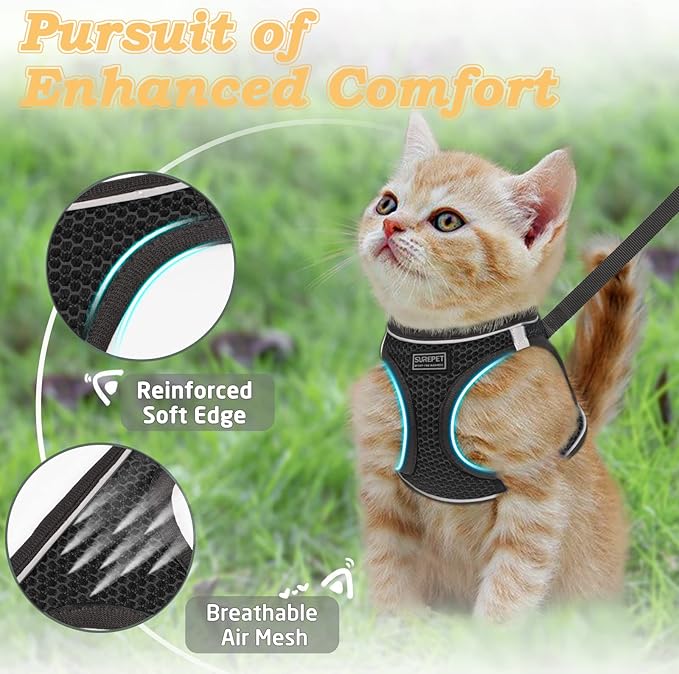 Cat Harness and Leash for Walking Escape Proof, Adjustable Kitten Vest Harness Reflective Soft Mesh Puppy Harness for Outdoor, Comfort Fit, Easy to Control (Black, L)