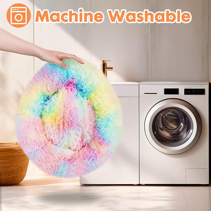 ShellKingdom Cat Beds for Indoor Cats, 24 inch Large Dog Bed for Small Medium Large Dogs, Cute Round Fluffy Plush Pet Bed for Puppy Kitten, Self Warming Calming Soft Donut Cat Bed, Rainbow