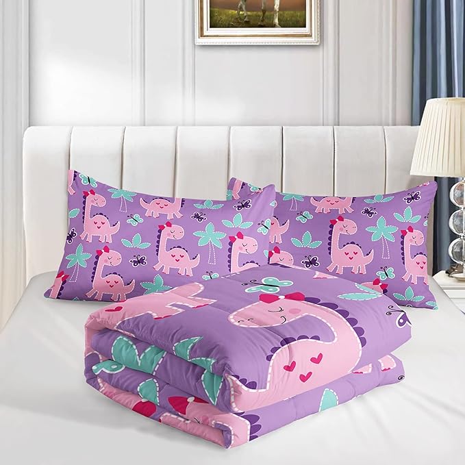 Axolotl Cute Dinosaur Comforter Set Full Size,Girls Bedding Cartoon Dinosaur Bedding Set for Girls Teens Kids Boys Adults Room Decor,Kids Comforter Set All Season,1 Quilt 2 Pillow Cases,Purple