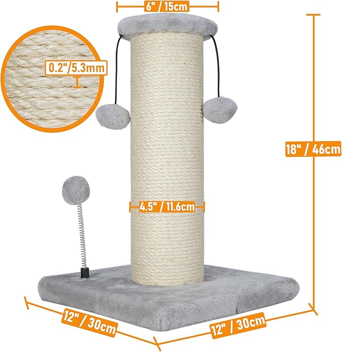 Dimaka Large Heavy Cat Scratching Post for Cats with 6" Wide Elevated Top Stand, Cat Tree Scratcher, 4.5" Dia. Big Sisal Rope Pole with 3 Teasing Balls, Extra Heavy Thick Stable Base (Grey)