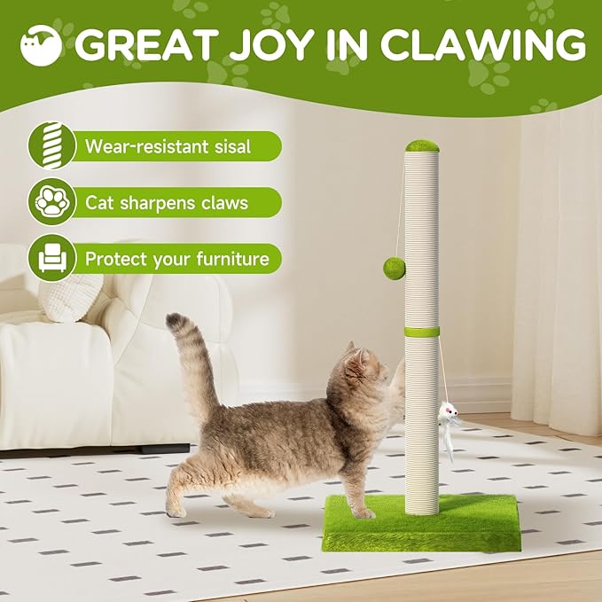 MeowHomm 32” Tall Cat Scratching Posts for Indoor Cats Adults with 2 Hanging Ball, Large Cat Scratch Post Cat Scratcher Includes Sisal Rope