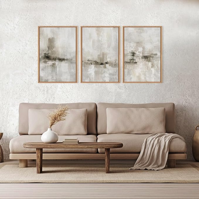Abstract Neutral Textured Framed Canvas Wall Art Set, Modern Beige Wall Decor, Minimalist Brown Grunge Wall Painting, Black and White Art Print for Living Room, Bedroom, Office 24" × 36" × 3