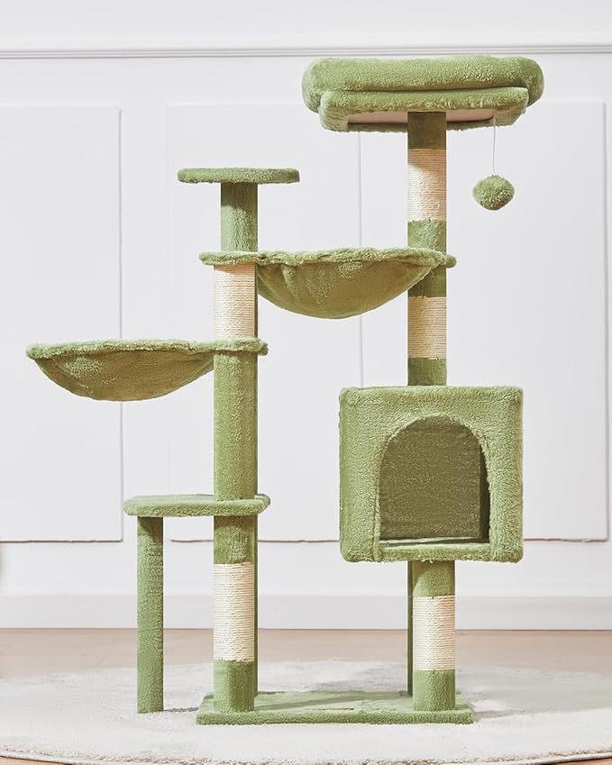 Taoqimiao Cat Tree, 39.4-Inch Cat Tower for Indoor Cats,Suitable for Kittens,Plush Cat Condo with 5 Scratching Posts, Plush Perch,2 Hammock,Pompoms, MS019GR Green