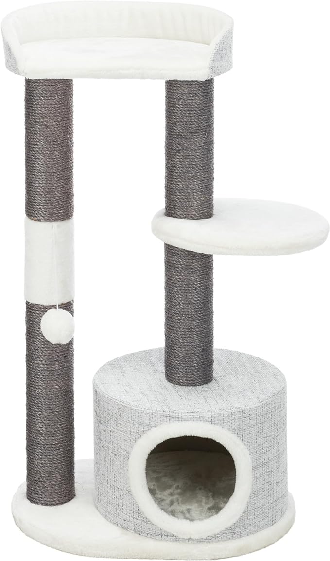 TRIXIE Pilar Cat Scratching Post 39.4 Inch - with Durable Sisal Rope (Gray) and Condo, Two Platforms, Top Platform with Backrest & Dangling Cat Toy - in Gray