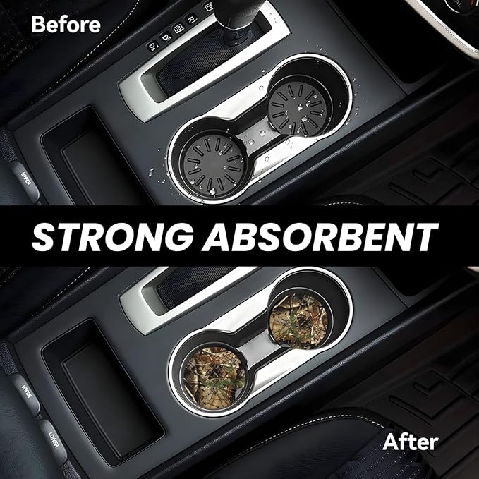 Absorbent Ceramic Car Coasters for Cup Holders, Camo Leaf Design 2.56" Anti Slip Universal Drink Cup Coasters for Women Men (2 Pack)