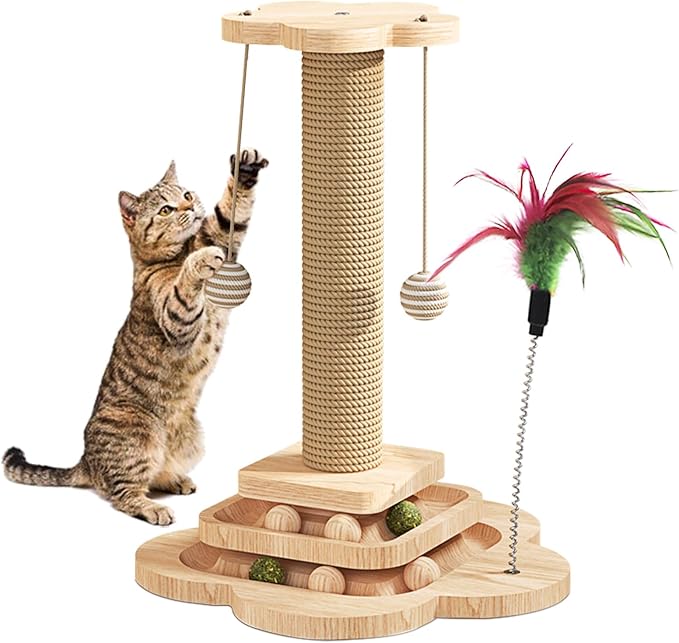Wood Cat Scratching Post, Cat Tree Scratching Post with Cat Interactive Toy, Cat Scratching Post for Indoor Cats (18In)