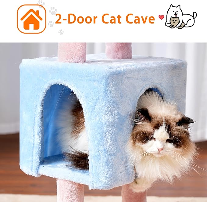 Heybly Cat Tree, 39.4 Inches Tower Condo with Scratching Post, Cat Tower for Indoor Cats, Fully Wrapped Sisal Pole, Soft Platform, 2 Baskets and Dangling Toy, Blue and Pink HCT006SBP
