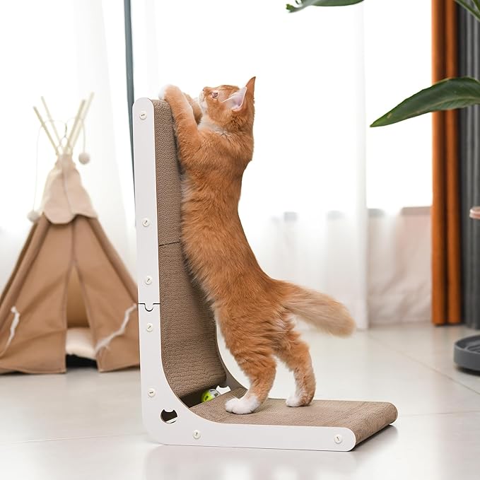 Cat Scratcher Cat Claw Board L-Shaped Vertical Simple and Durable Cat Claw Board Not Easy to Drop Scraps Belt Bell Ball Cat Scratching Board(White)