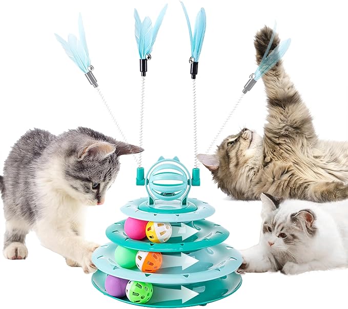 2 in 1 Cat Interactive Toy Roller 3-Level Turntable Cat Toy Cat Slow Feeder Food Dispenser Cat Kitten Wand (Green-C)