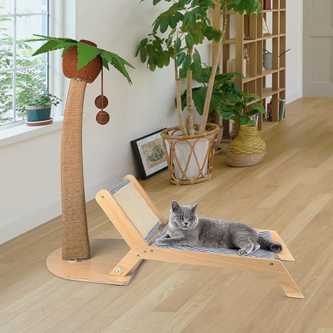 Cat Scratching Post with Bed,29.5 Inch Tall Palm Tree Cat Scratching Post for Indoor Cats, with Lounge Chair 2 in 1 Fun Sisal Rope Tall Cat Scratcher with Ball for Indoor Adult Cat/Kitten