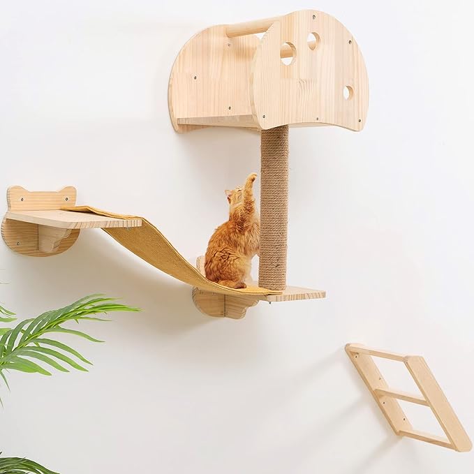 Wall Mounted Cat Tree House Mushroom Cat Shelf for Wall Climbing Solid Wood Indoor Cat Wall Furniture