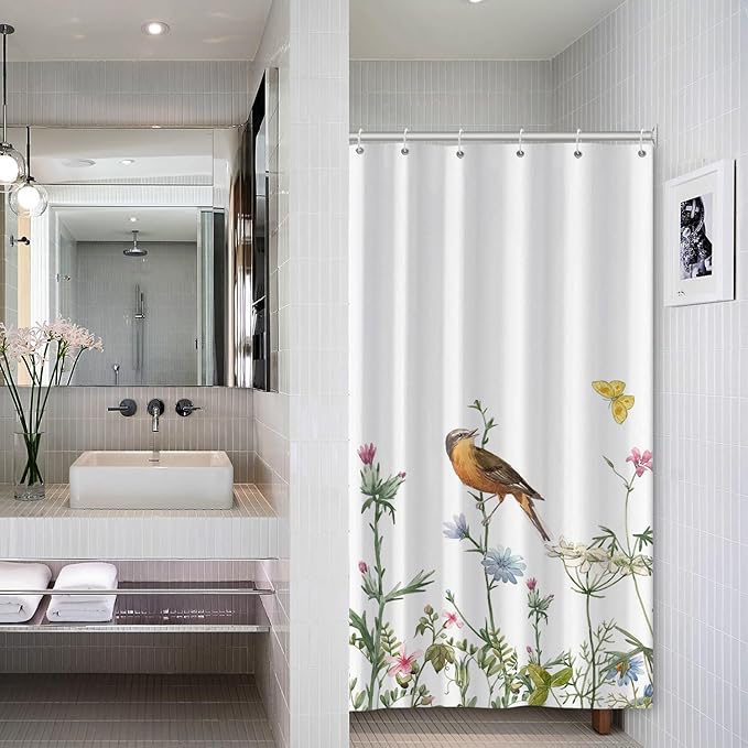 AWERT Small Half Size Stall Shower Curtain with 6 Hooks Funny Bird Shower Stall Curtain for Bathroom/RV and Camper (Bird) 36x72 inch