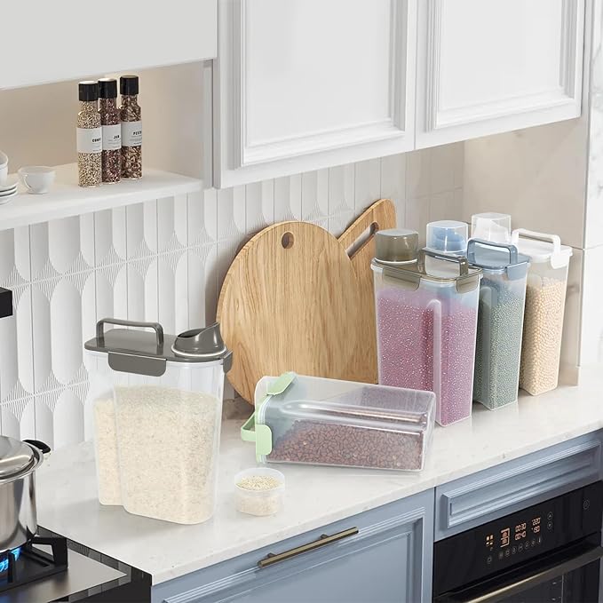 5-10LBS Rice Storage Container with Large Nozzle Design, 4 Safety Buckles, Double-Layer Sealing Strips and a Handle and Measuring Cup is Easy to Clean and Does BPA-free.