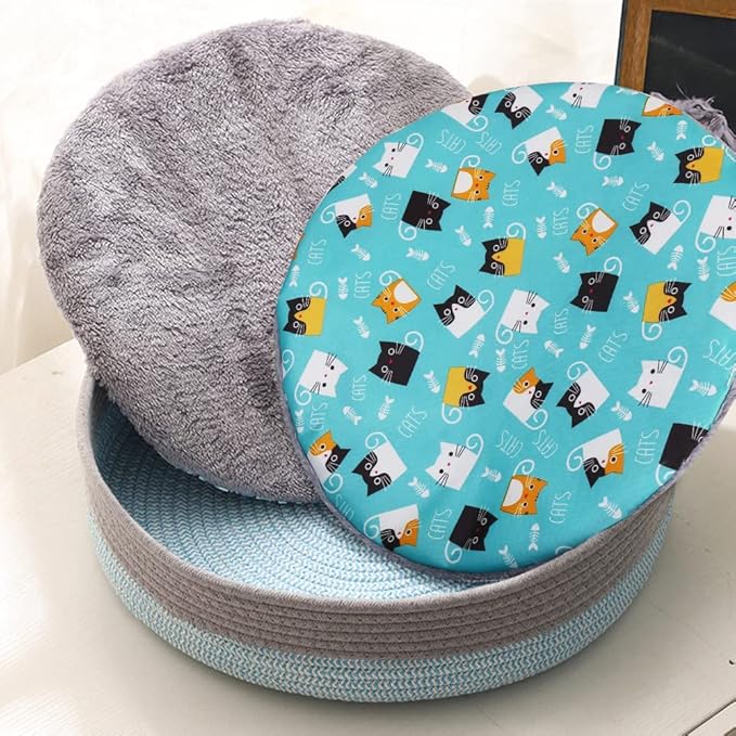 Round Cat Bed for Indoor Cats, Cat Basket Bed, Wicker Cat Donut Beds, Cooling Cat Nest for Summer Sleeping, Washable Pet Pad for Cat Scratching, Blue Grey