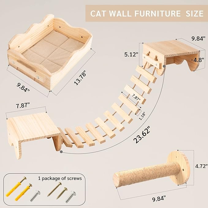 Cat Hammock for Wall Furniture,Cat Climbing Shelves Cat Wall Mounted Cat Bed Frame with Scratching Post 2 Bridge 2 Platform Shelf