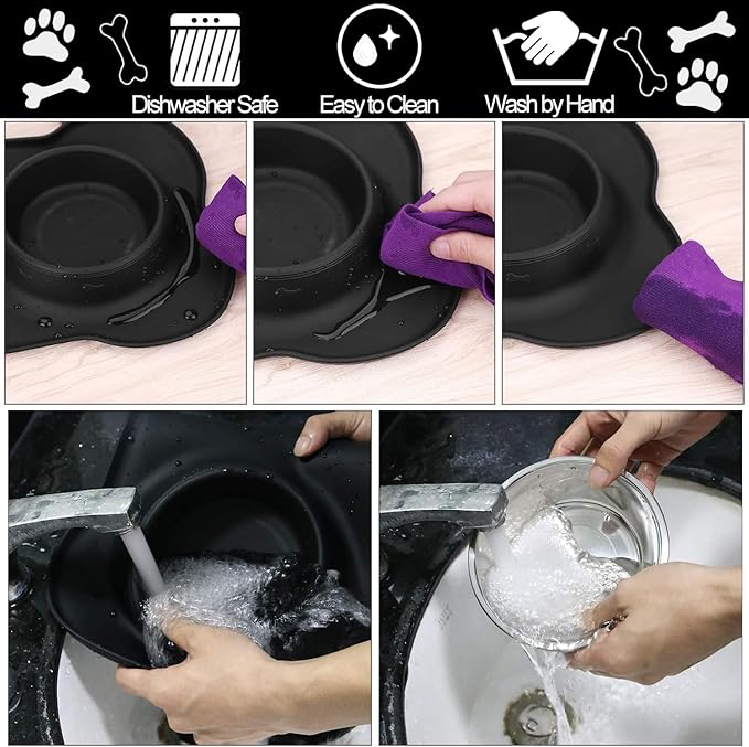 AsFrost Dog Food Bowls Stainless Steel Pet Bowls & Dog Water Bowls with No-Spill and Non-Skid, Feeder Bowls with Dog Bowl Mat for Small Medium Large Size Dogs Cats Puppy Pets, Dog Dishes, Black, 12oz