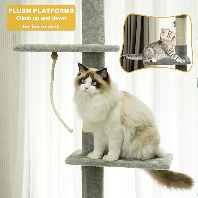 Floor to Ceiling Cat Tree, 5-Tier Height (86-109 inches) - Adjustable Cat Climbing Tower with Sisal Scratching Posts, Hammock, Platforms, and Hanging Balls
