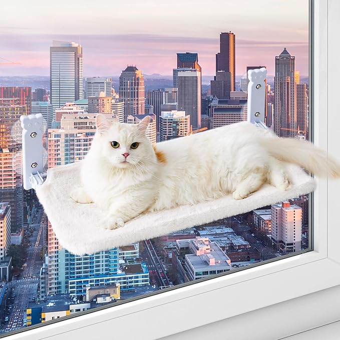 Cat Window Perch for Cats Inside, Foldable Cat Window Hammock for Large Cats Indoor with 4 Suction Cups, Sturdy Metal Frame, Large, White
