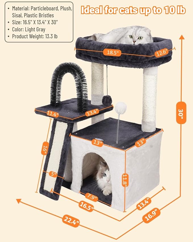 Happi N Pets Cat Tree Tower for Indoor Cats, Multi-Level Cat Tree with Scratching Posts & Pads, Cozy Cat Perch, Cat Self Groomer and Interactive Toys, Featuring with Large Cat Cave, Light Gray
