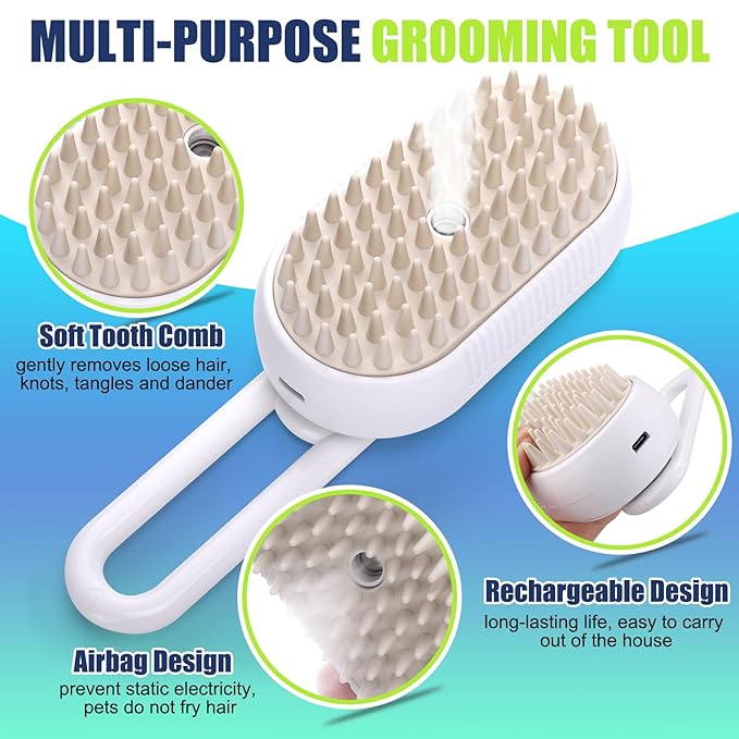 3-in-1 Portable Grooming Brush for Long or Short-Haired Cats - Self-Cleaning and Steamy Design