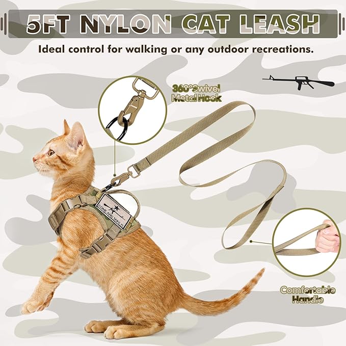 Tactical Cat Harness and Leash, Escape Proof Large Cat Walking Vest,Adjustable Soft Mesh Pet Vest Harness with Control Handle, Molle Patches (Large, Beige)