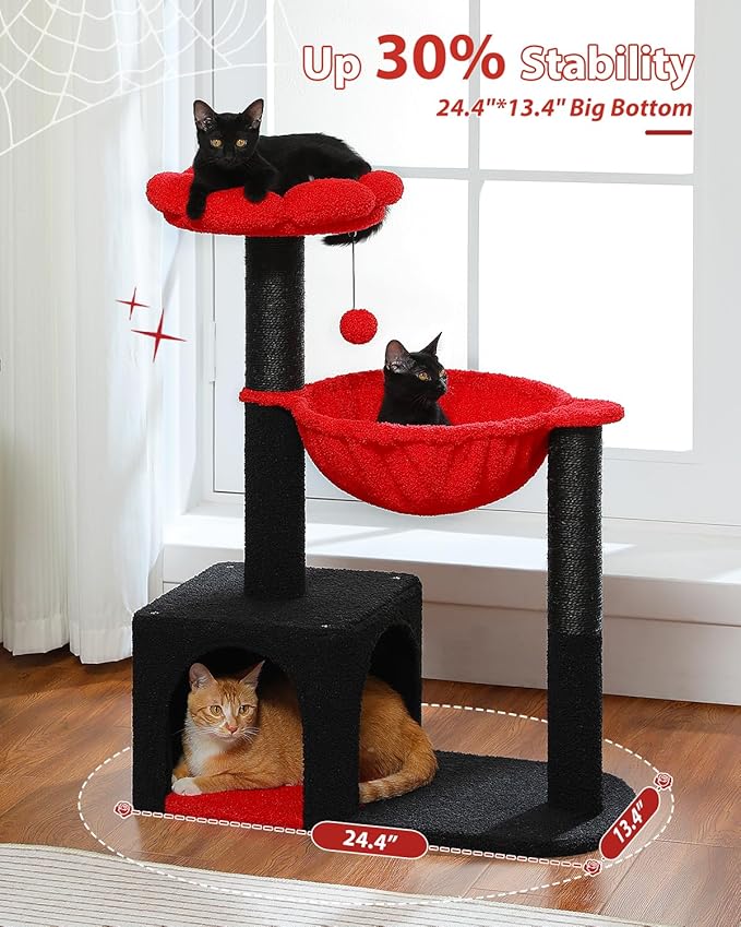 Flower Cat Tree with Black Scratching Posts, 35" Gothic Cat Tower with Large Metal Frame Hammock for Small Indoor Cats, Coffin Cat Condo with Cute Perch for Kittens Halloween, Black