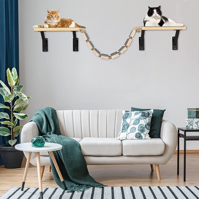 Handcrafted Wood Cat Wall Suspension Bridge - Wall Mounted Cat Shelves, Cat Floating Steps, Cat Wall Perch, Cat Climber Ladder Tree Shelf, Cat Wall Furniture Cat Hammock Bed