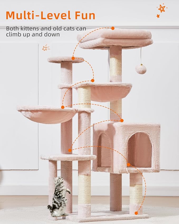 Taoqimiao Cat Tree, 39.4-Inch Cat Tower for Indoor Cats,Suitable for Kittens,Plush Cat Condo with 5 Scratching Posts, Plush Perch,2 Hammock,Pompoms, MS019P Jelly Pink