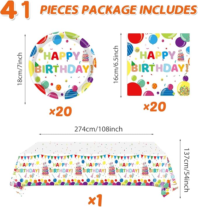 41Pcs Balloons Birthday Party Decorations, Kid‘s Happy Birthday Party Supplies Set with Disposable Paper Plates and Napkins, Balloon Tablecloth for Boys/Girls, Serves 20