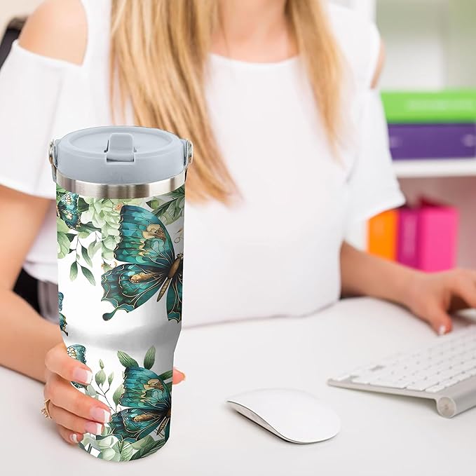 30 Oz Butterfly Tumbler with Handle and Straw, Butterfly Tumbler with Lid and Straw, Double Wall Stainless Steel Butterfly Cup, 30 Oz Butterfly Water Bottle and Butterfly Mugs for Women Gifts