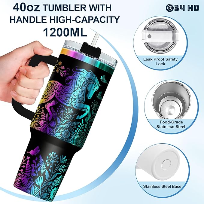 34HD Laser Engraved Horse Tumbler with Handle & Straw, 40oz Stainless Steel Double Wall Vacuum Insulated Cowgirl Travel Mug, Horse Lover Gifts for Girl Women Cowgirl Daughter