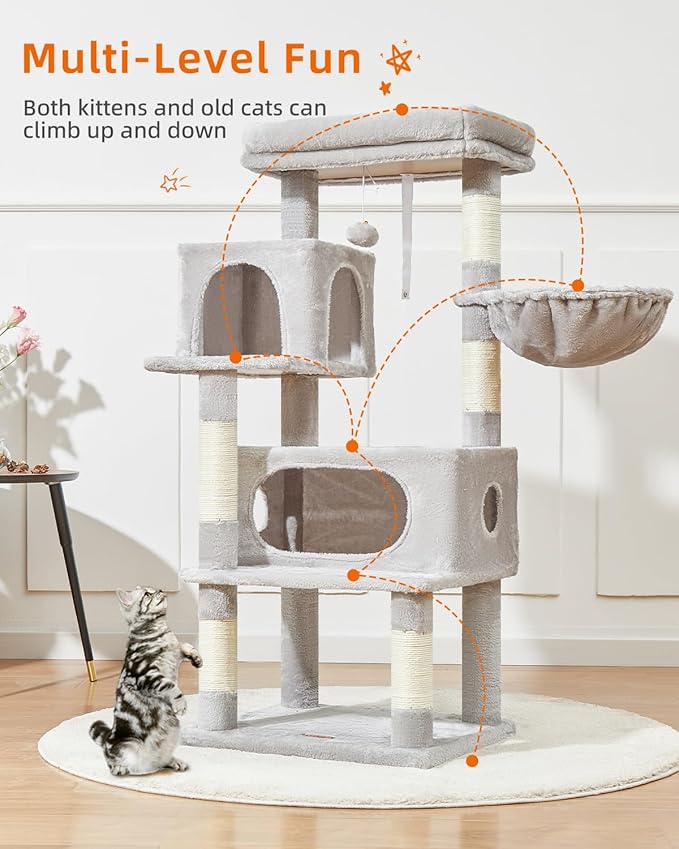 Taoqimiao Cat Tree,48.8-Inch Cat Tower for Indoor Cats,2 Luxurious cat condo with Adjustable Large Hanging Baskets and Large Luxurious Perch Light Gray MS029LW