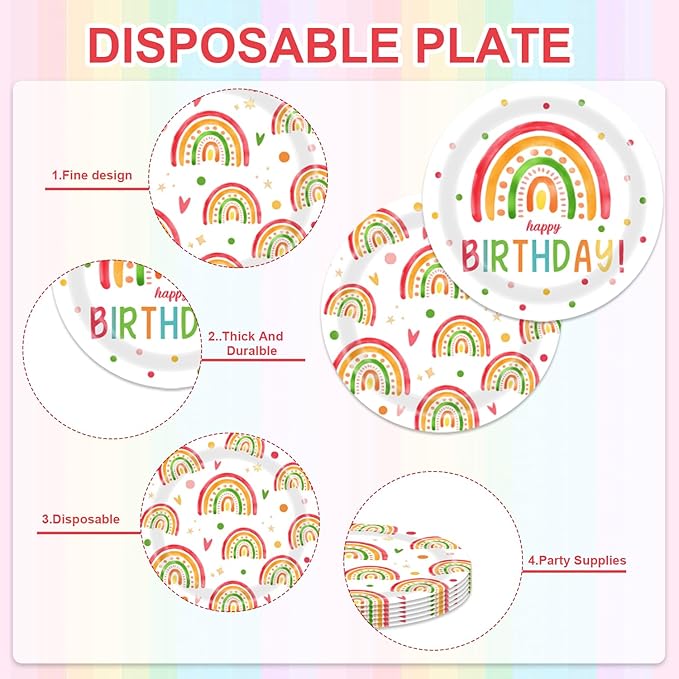 48Pcs Rainbow Birthday Decorations Colorful Boho Rainbow Tableware Set Disposable Plates Napkins Forks Serves 16 Bohemian Retro Rainbow Happy Birthday Party Decorations
