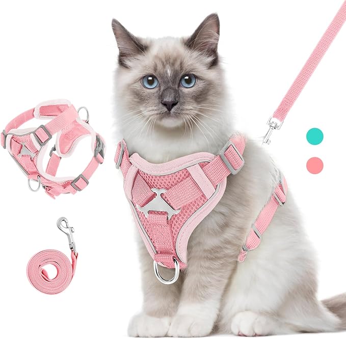 Cat Harness and Leash Set for Walking, Adjustable Kitten Vest Harness with Reflective Strip Breathable Mesh, Escape Proof Soft Pet Safety Vest for Cats, Kittens, Puppies, M, Pink