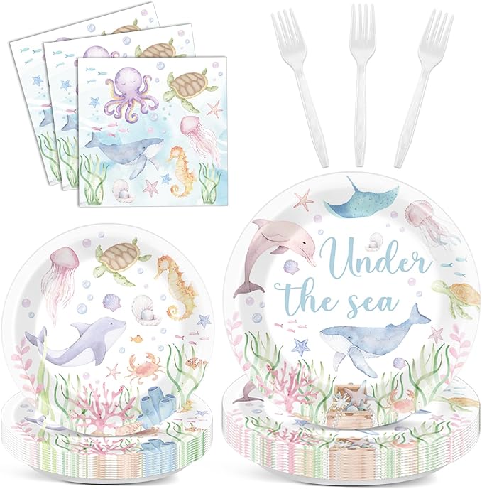 96 Pcs Under the Sea Party Decorations Ocean Plates and Napkins Sea Turtle Theme Tableware Set Decor Party Supplies for Birthday Wedding Baby Shower Sea Animal Party Favors for 24 Guests