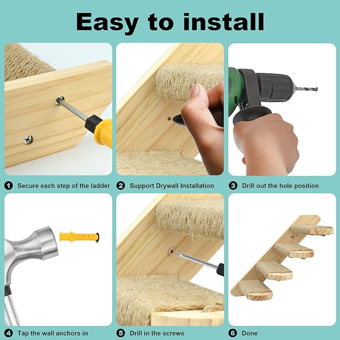 Cat Climbing Shelf Wall Mounted, Cat Wall Steps Shelves Cat Stairs Ladder Four Step Cat Stairway with Jute Scratching for Cats Perch Platform Supplies (1 Cat Stair)