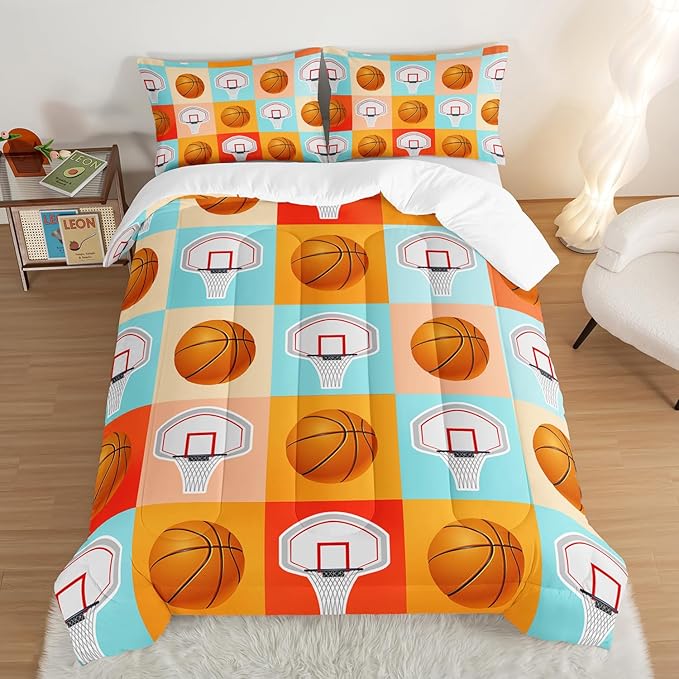 Basketball Comforter Kids Bedding Queen Size,Sports Style Basketball Printing Bedding Set for Teens Boys Bedroom Decor,Ball Sports Games Comforter Set Soft Kids Bedding with 2 Pillowcases.