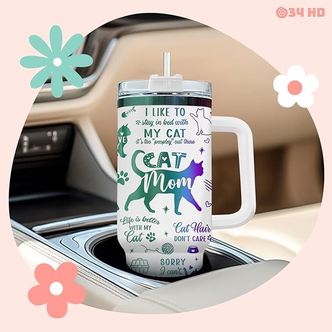 34HD Funny Engraved Cat Mom Tumbler with Handle and Straw 40oz, Paw Mom Cup Insulation, Birthday Mothers Day Gifts for Cat Lovers Women Auntie Friends