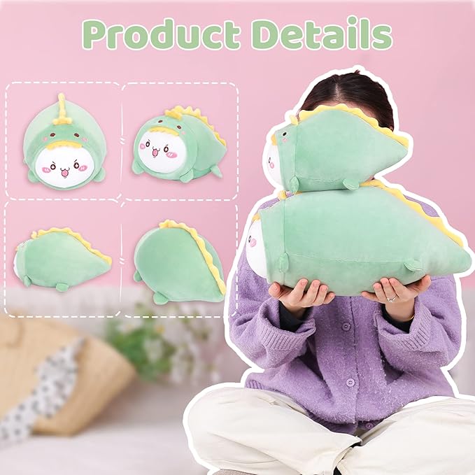 AIXINI Cute Cat Dinosaur Plush Pillow 15.7” Kitten Dino Stuffed Animal, Soft Kawaii Cat Plushie with Dinosaur Outfit Costume, Hugging Plush Pillow Toy Gifts