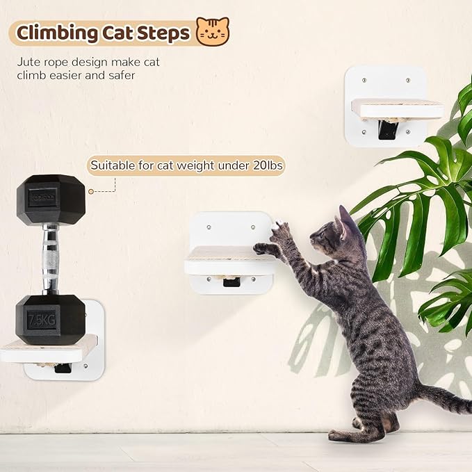 Cat Hammock Cat Wall Shelves with 3 Cat Wall Steps, Wall Mounted Cat Shelves and Perches with Hemp Rope Scratching, Cat Wall Furniture Climbing Shelves for Indoor Cats, Cat Bed and Stairs Set for Gift
