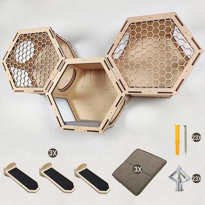 Wall Mounted Cat Shelves-Hexagon Cat Shelves and Perches for Wall Climbing- Cat Wall Furniture Set with 3 Scratching Steps and Washable Bed Mat-(Set of 3)