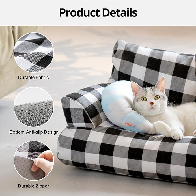 MEWOOFUN Pet Sofa Bed for Medium Pets Cat Couch Cat Bed with 26×19×13 Inch Removable Washable Cover Nonskid Bottom Puppy Couch Pet Bed up to 25 lbs (Black & White)
