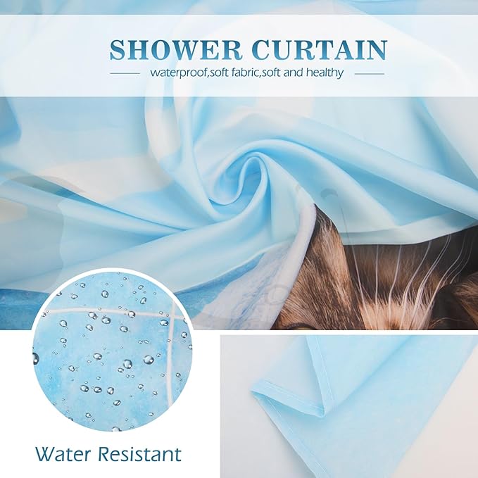Aimego Extra Long Shower Curtain - Funny Bathing Cat Cute Kitten Taking Shower with Rubber Ducks Fabric Cloth Shower Curtain Set with 12 Hooks for Bathroom Decor Accessories Bathtub Curtain, 72"x84"