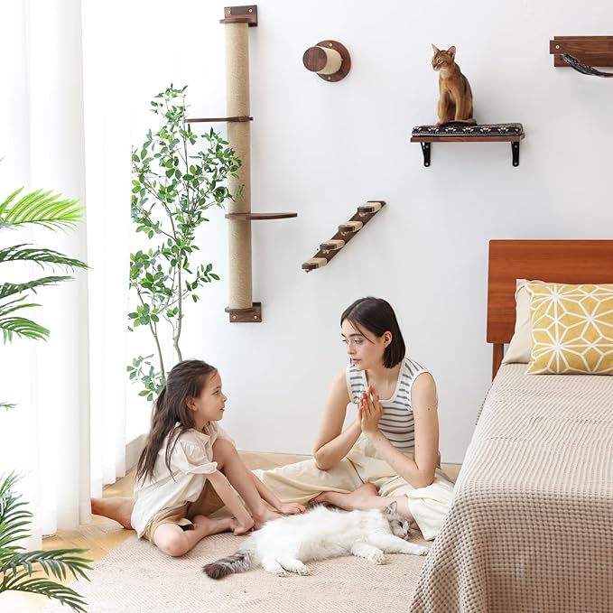 FUKUMARU Cat Wall Furniture, 11.8 Inch Cat Wall Shelves for Drywall, Walnut Wood Cat Stairs for Wall Mounted with Jute Scratching Cat Steps for Most Kitten, Medium and Large Cats, 2 of Pack