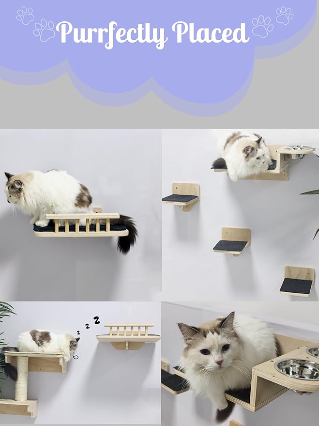 Luxury Cat Wall Furniture Set: Wall Mounted Cat Furniture with Scratching Post, Feeder, Resting Perch, and Climbing Shelves for Ultimate Indoor Cat Adventure