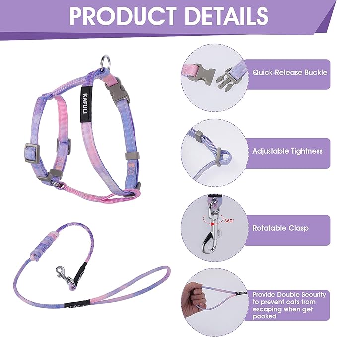 TIESOME Cat Harness and Leash Set, Adjustable Gradient Kitten Harness Escape Proof Harness with Leash for Kitty Outdoor Walking (Gradient Purple)