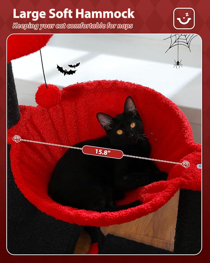 Flower Cat Tree with Black Scratching Posts, 35" Gothic Cat Tower with Large Metal Frame Hammock for Small Indoor Cats, Coffin Cat Condo with Cute Perch for Kittens Halloween, Black